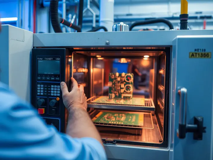 技术人员在回流焊控制面板上调整参数