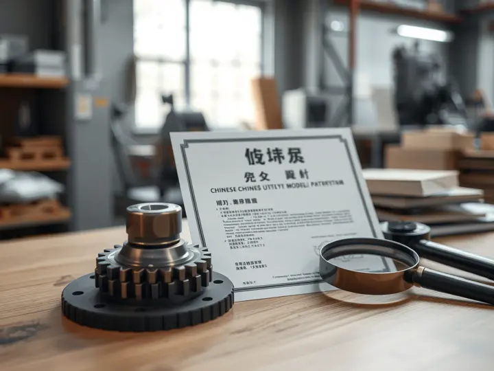 伯思实用新型专利证书特写，旁边放置齿轮和放大镜