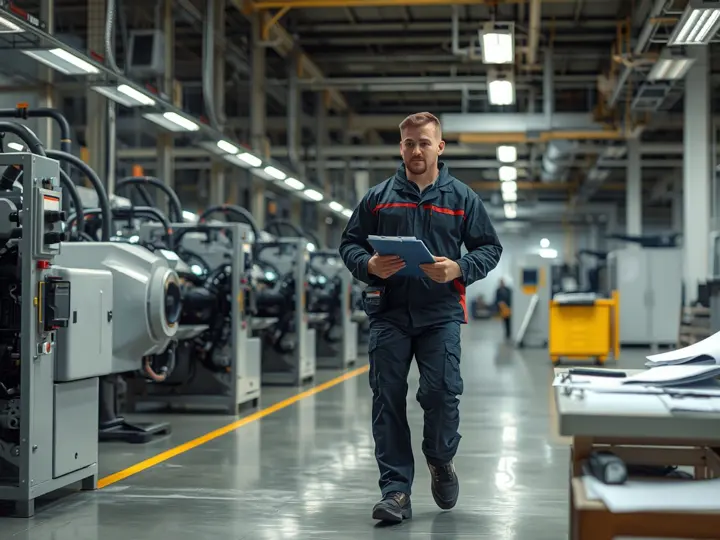 工厂车间内伯思售后维护人员巡视设备
